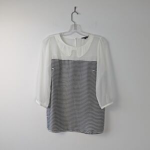 Women's Koton Sheer White Blouse with Black Stripes and Collared Neck Size 36